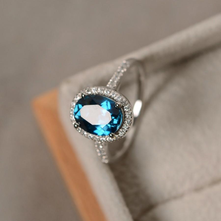 Wedding - London blue topaz ring, oval gemstone, sterling silver halo ring, engagement ring