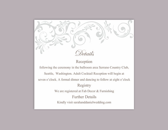 Wedding - DIY Wedding Details Card Template Editable Text Word File Download Printable Details Card Gray Silver Details Card Elegant Enclosure Cards