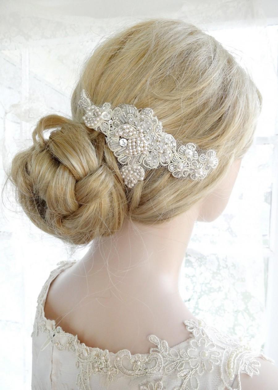 زفاف - Bridal lace headpiece, FRENCH COUTURE Alencon beaded and pearl headpiece, bridal pearls hair accessory, wedding head piece Style 296