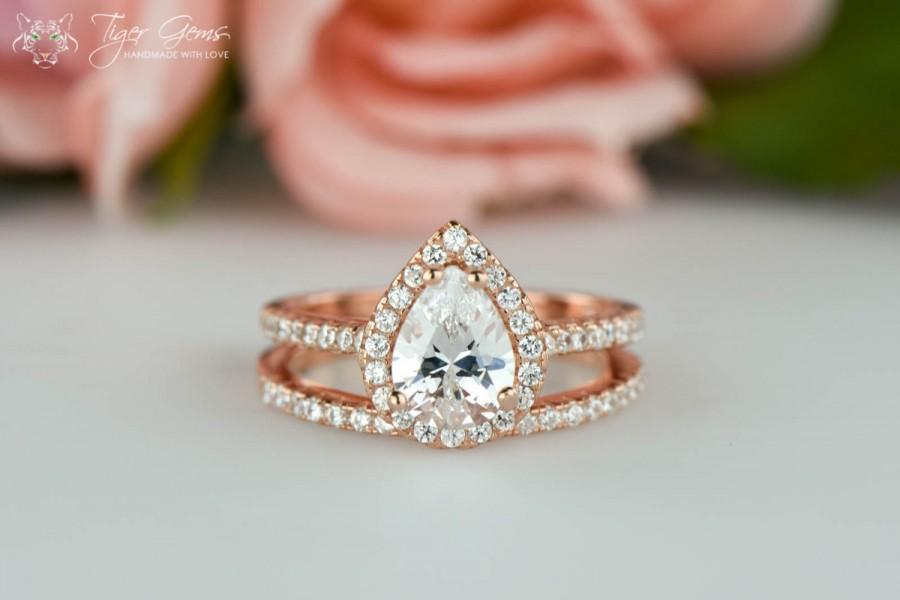 Свадьба - 1.5 ctw ROSE Halo Engagement Ring, Pear Cut Ring, Wedding Band, Bridal Ring, Man Made Diamond Simulants, Half Eternity Ring, Sterling Silver