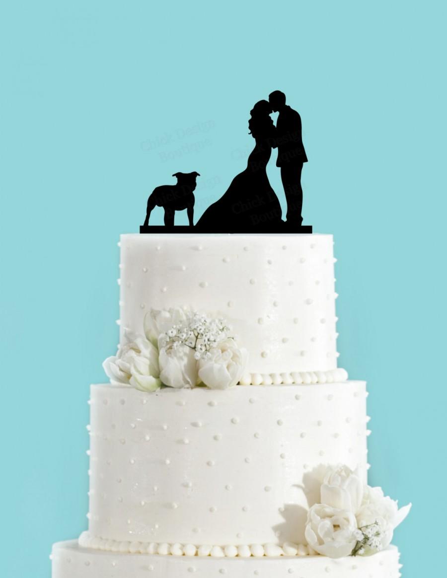 زفاف - Couple Kissing with Pit Bull Dog Acrylic Wedding Cake Topper