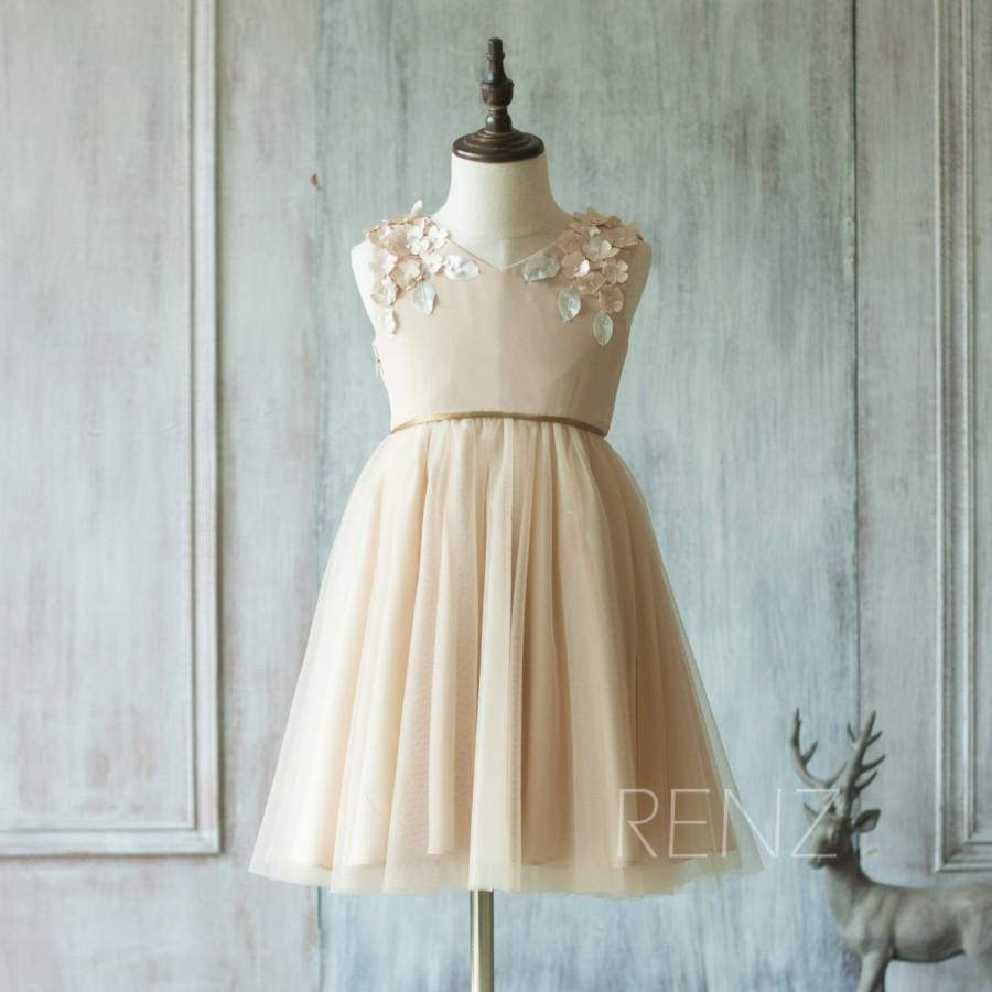 Hochzeit - 2015 Champagne Flower Girl Dress, Junior Bridesmaid Dress, Rosette dress, Formal dress, Party dress, Puffy dress (FK310)