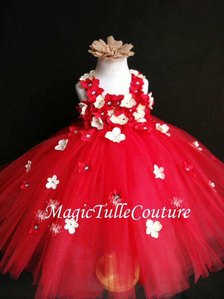 Hochzeit - Ivory and Red Hydrangea Flower Girl Dress Tulle Dress Wedding Dress Birthday Dress Toddler Tutu Dress 1t 2t 3t 4t 5t Morden Wedding