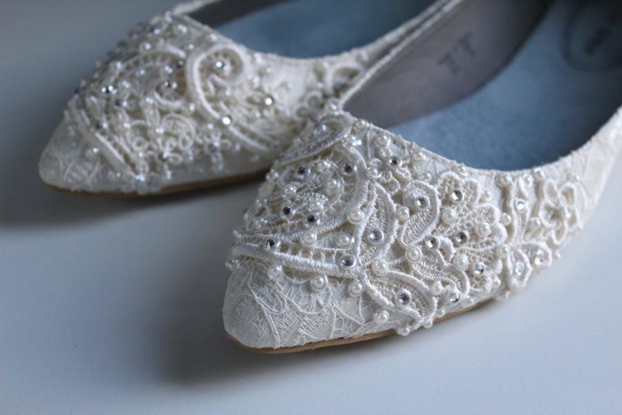 زفاف - French Pleat Bridal Pointed Toe Ballet Flats Wedding Shoes - All Full Sizes - Pick your own crystal color