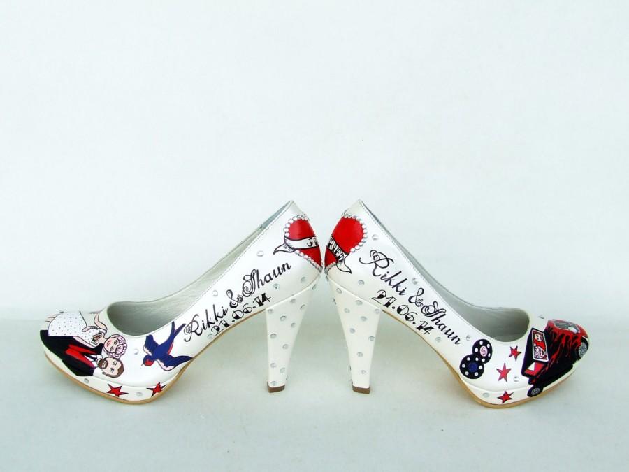 Hochzeit - Handpainted Custom Design Wedding Shoes - Rockabilly Wedding Theme