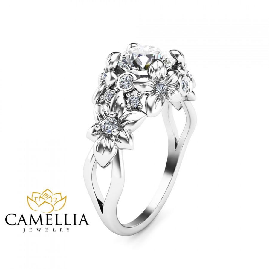 Свадьба - Floral Design Diamond Engagement Ring 14K White Gold Flower Ring Unique Diamond Engagement Ring Art Deco Styled Wedding Ring