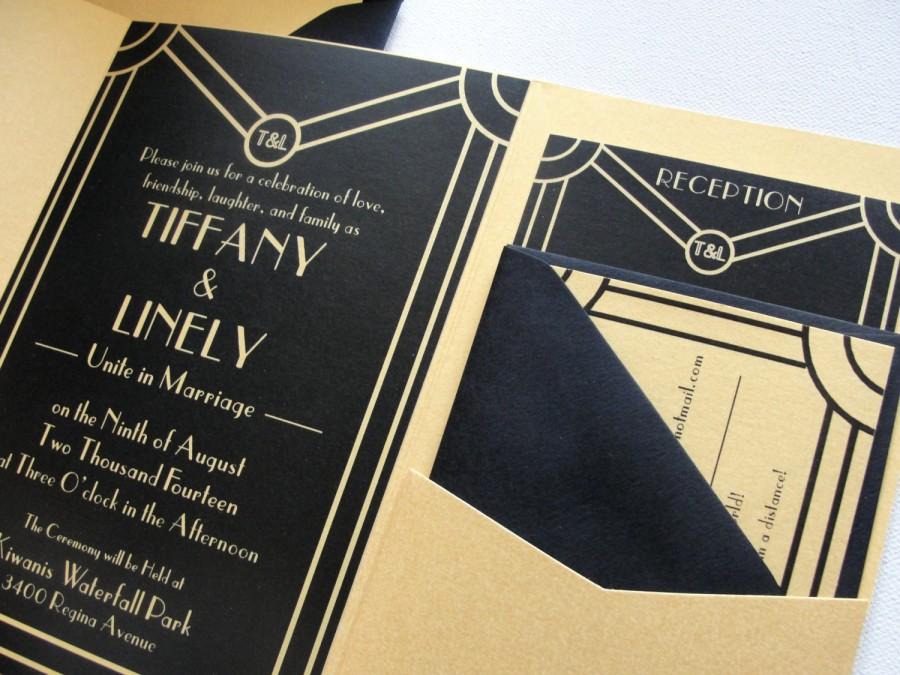 Wedding - Deco Scroll Shimmer / Silver or Gold / Pocket Fold Wedding Invitation Set & Envelopes / Art Deco Gatsby / Shimmer Finish