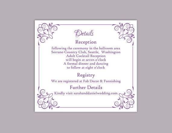 Wedding - DIY Wedding Details Card Template Editable Text Word File Download Printable Details Card Lavender Purple Details Card Information Cards