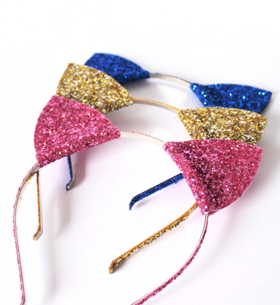 Wedding - Glitter Kitty Cat Ears Headband, Halloween Fancy Dress Cat Woman Hairband, Glitter Cat Ears, Cat Headband - 30 cols available