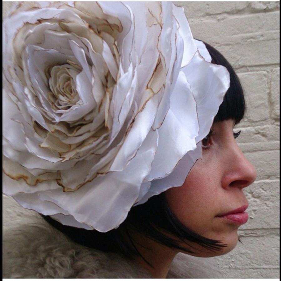 Hochzeit - Rustic rose wedding flower headpiece, huge vintage recycled ivory cream silk satin