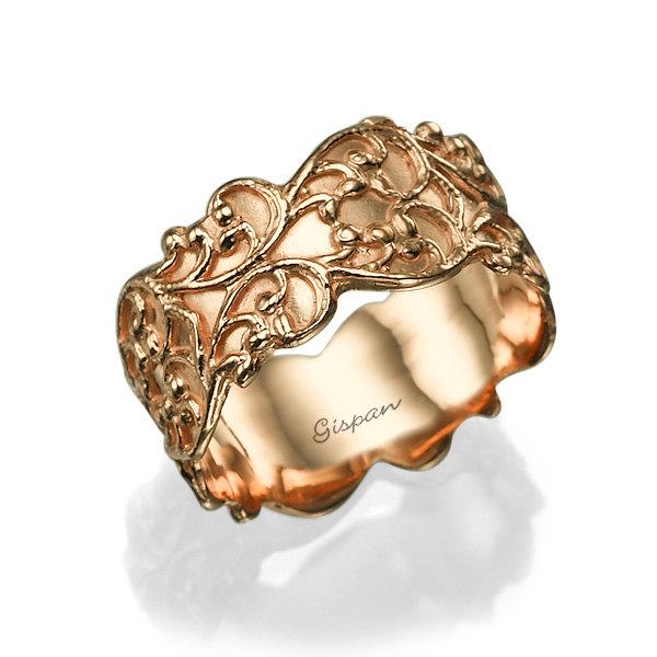 Mariage - Rose Gold Wedding Ring Texture Ring Unique Wedding Ring Wedding Ring Bridal ring asymmetrical ring  Royal Ring Rose Gold Ring Band ring