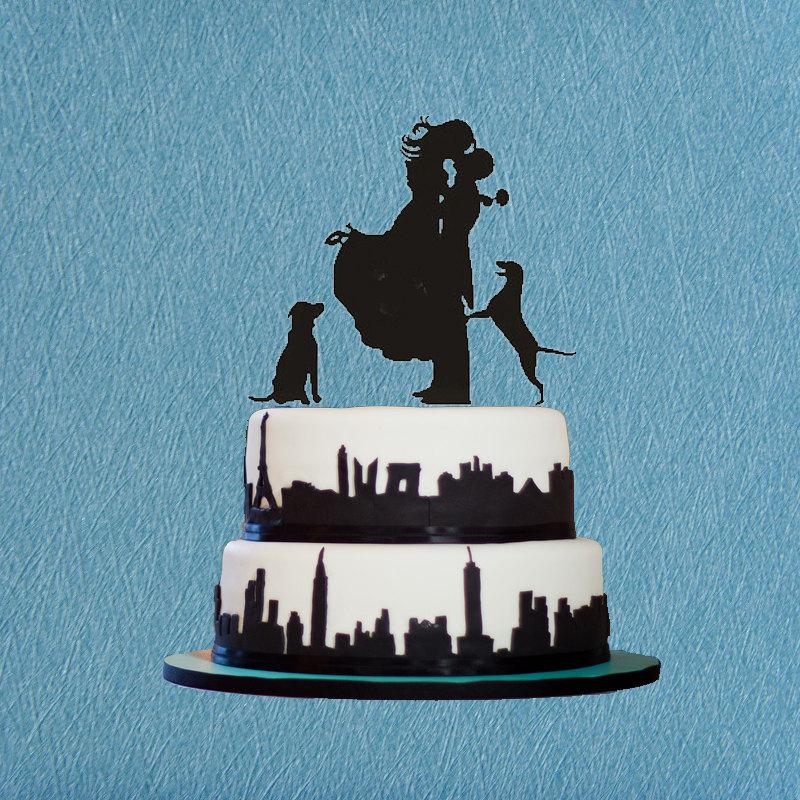Mariage - Custom Wedding Cake Topper,Bride and Groom Wedding Silhouette Couple with Dog Cake Topper,Wedding Cake Decoration,Two Dog Cake Topper