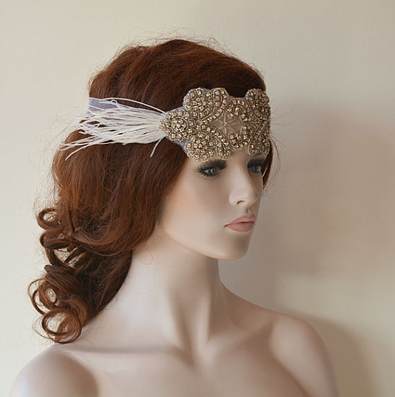 Wedding - Rhinestone Headband, wedding Headband, Rhinestone Fascinator With Feather, Wedding Hair Accessory, Bridal Hair Accessories
