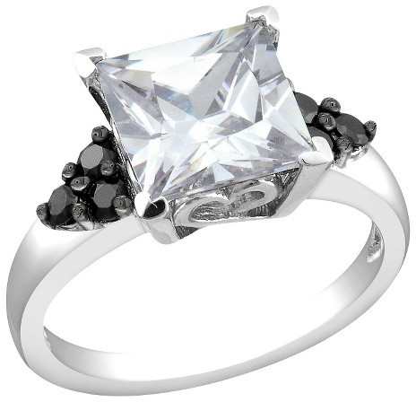 زفاف - Black and White Cubic Zirconia Silver Bridal Ring