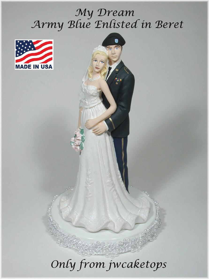 Mariage - Army Blue Enlisted w/ Beret Military Bride Groom Wedding Caketop 49ABEB