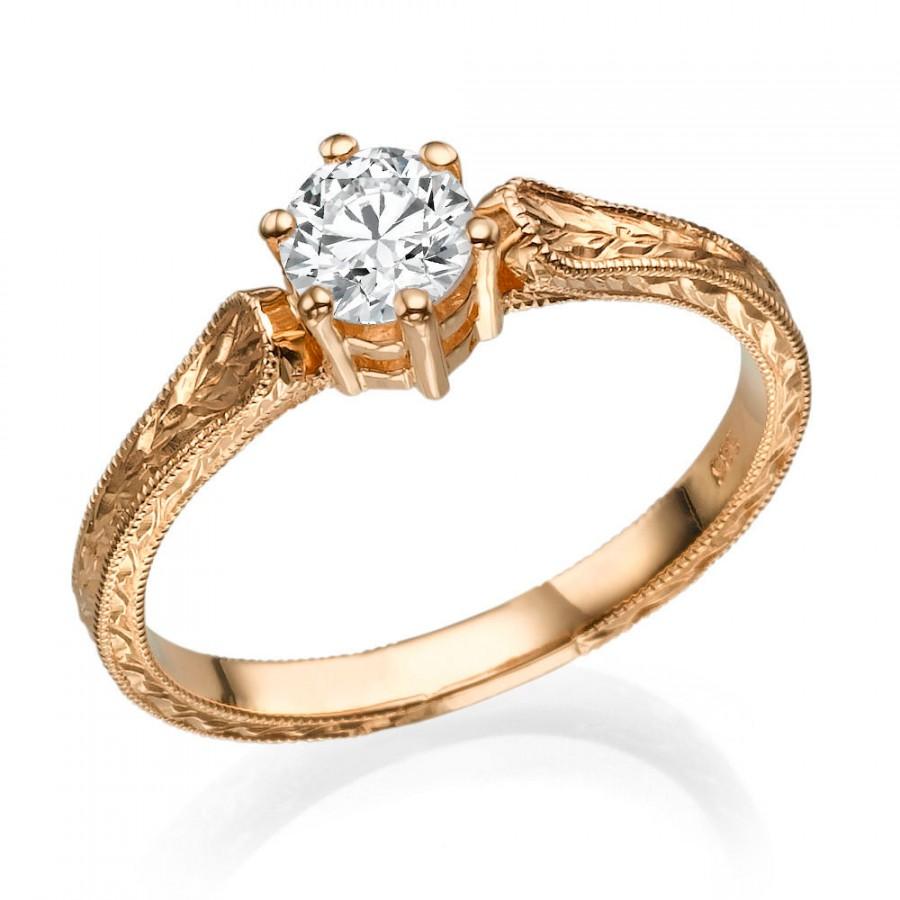 زفاف - Gold Filigree Ring, 14K Rose Gold Engagement Ring, Hand Engraved Ring, 0.7 CT Diamond Ring, Vine Ring, Art Deco Ring