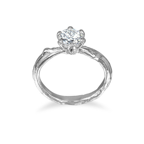 Hochzeit - Moissanite Engagement Solitaire Ring 14K in White Gold Six Prong Setting / Naturen Form Twig Band Band