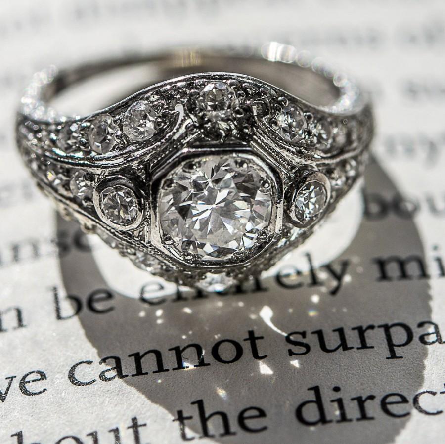 Hochzeit - Sublime Antique Edwardian Platinum Engagement Ring.  Edwardian Diamond Platinum Filigree Antique Engagement Ring.