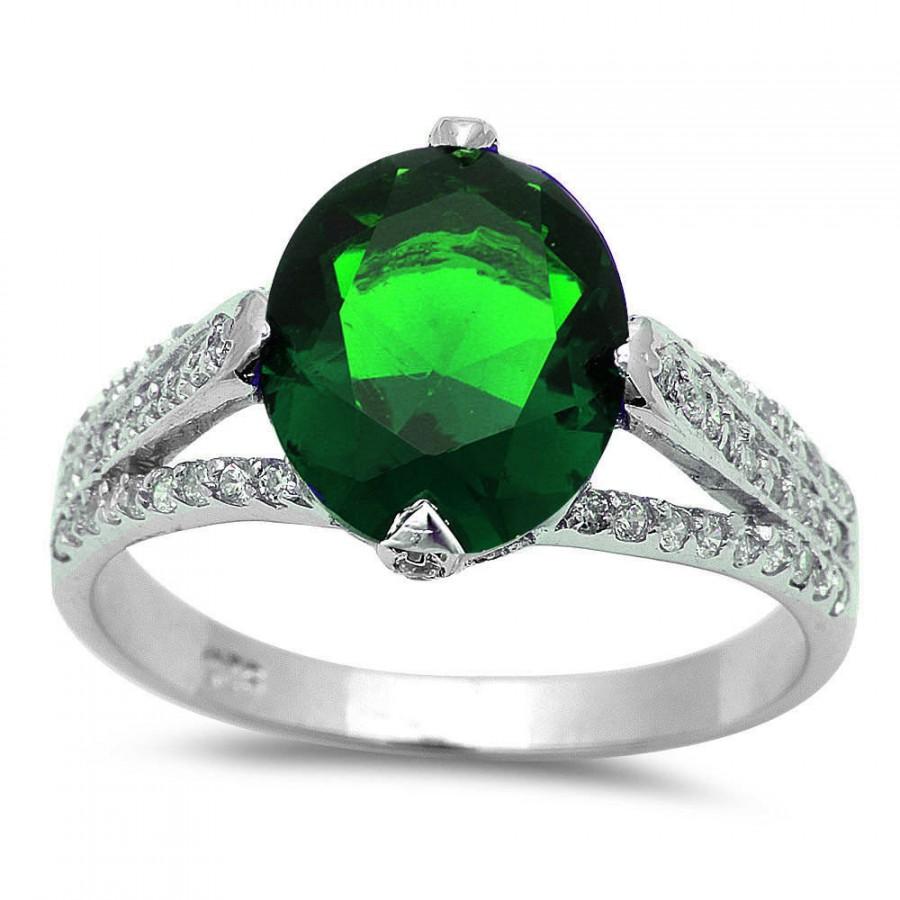 Свадьба - Oval Cut 2.54CT Emerald Green Round Diamond CZ Solid 925 Sterling Silver Solitaire Dazzling Diamond Accent Wedding Engagement Promise Ring