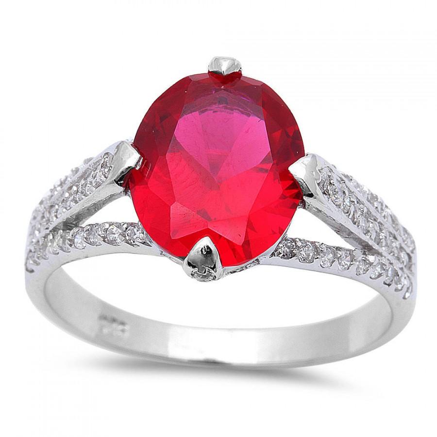زفاف - Oval Cut 2.54CT Red Ruby Round Diamond CZ Solid 925 Sterling Silver Solitaire Dazzling Diamond Accent Wedding Engagement Promise Ring Gift