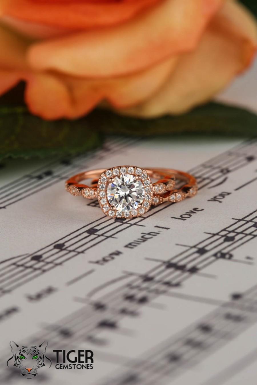 Wedding - 1.25 Carat Halo Wedding Set, Vintage Style Bridal Rings, Man Made Diamond Simulants, Art Deco Engagement Ring, Sterling Silver, ROSE Gold