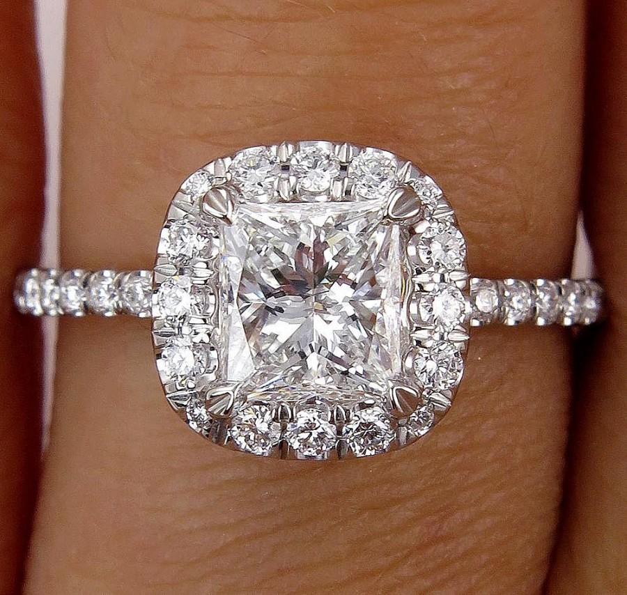 زفاف - GIA  E VS1 1.21ct Estate Radiant cut Diamond Solitaire Engagement Wedding Pave Platinum Ring