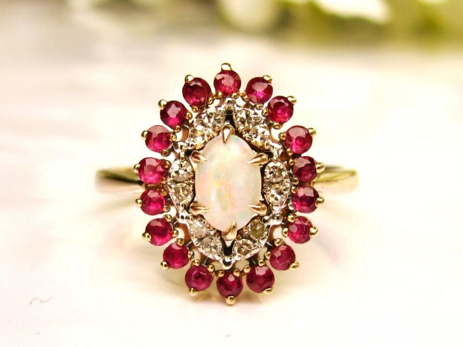 Wedding - Vintage Opal & Spinel Alternative Engagement Ring 14K Gold Diamond Wedding Ring Bridal Jewelry Size 7