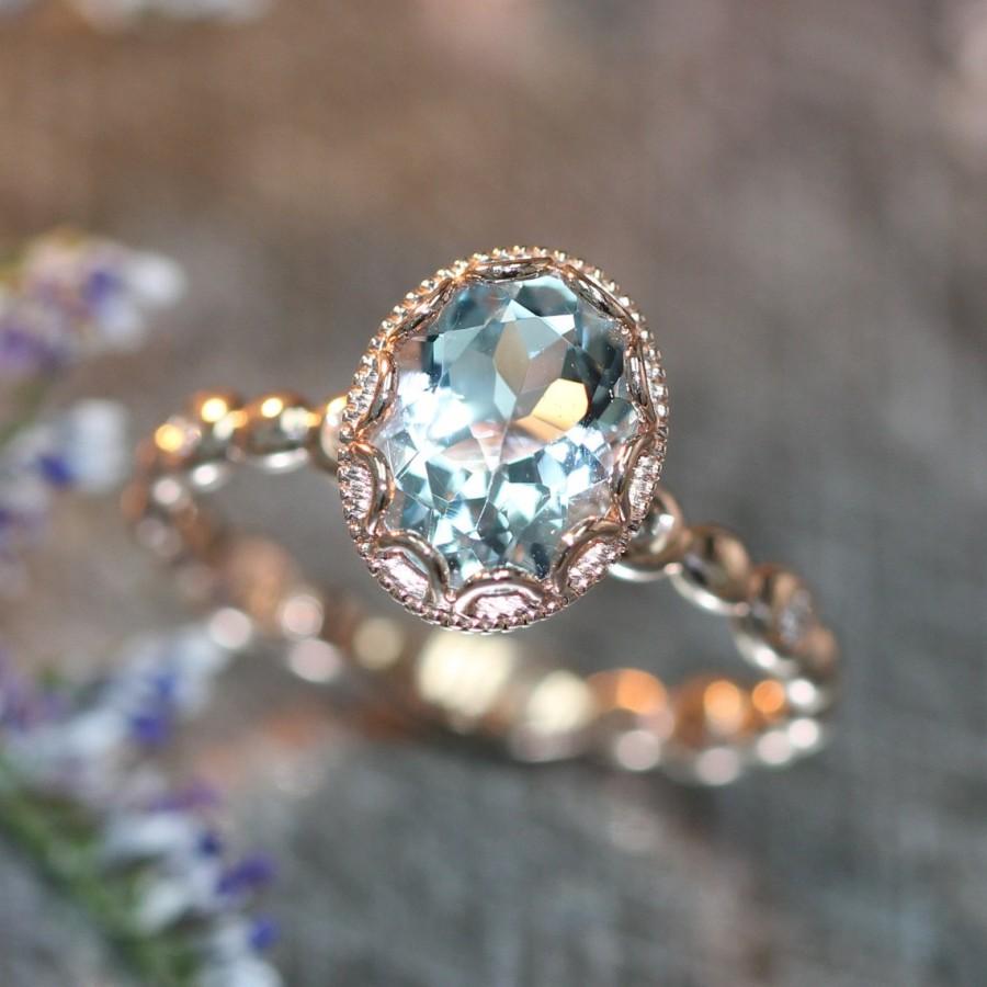 Mariage - 14k Rose Gold Floral Aquamarine Engagement Ring in Pebble Diamond Wedding Band 9x7mm Oval Aquamarine Ring (Bridal Wedding Set Available)