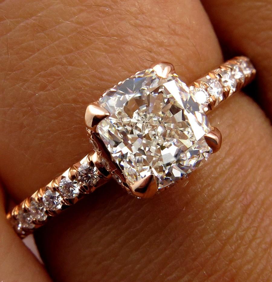 Hochzeit - GIA 1.60ct Estate Vintage Cushion Diamond Micro Pave Rose Gold Engagement Wedding Ring