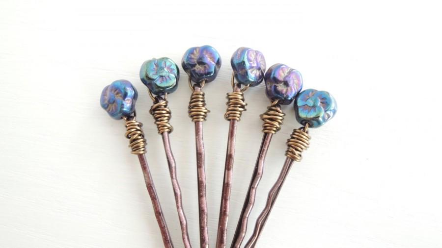 Wedding - Woodland Violets Hair Pins Purple Blue Glass Flowers Wildflower Pansy Decorative Bobby Pins Bride Flower Girl Hair Accessory Bridesmaid Gift