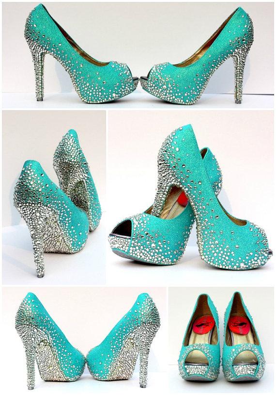 Hochzeit - Robin's Egg Blue Platform Heel Peep Toe Shoe - Swarovski Crystal - Bride, Bridesmaid, Prom (can be made in other colors)