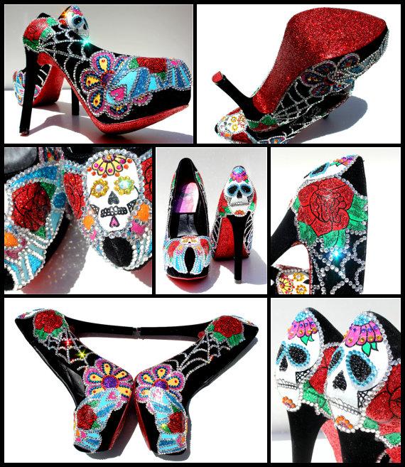 Wedding - Sugar Skull Heels with Swarovski Crystals and Glitter or Day of the Dead Heels