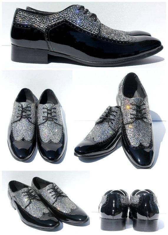 Mariage - Men's Patent Leather Wing Tip Formal Shoe - Swarovski Crystal Wing Tip Shoe for Men -Groom's Shoe- Black Crystal Encrusted Shoes
