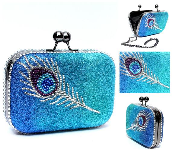 Hochzeit - Peacock Glitter Clutch in Aqua Blues with Swarovski Crystals