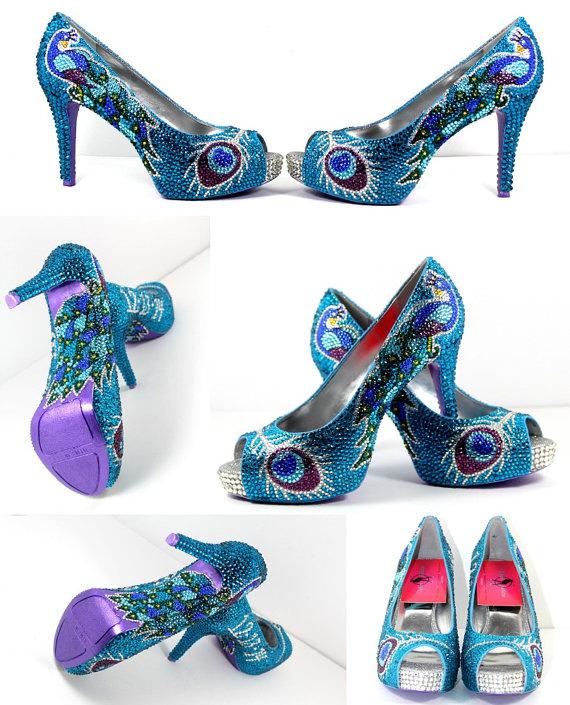 Mariage - Peacock Heels that are Hand Painted and adorned in Swarovski Crystals