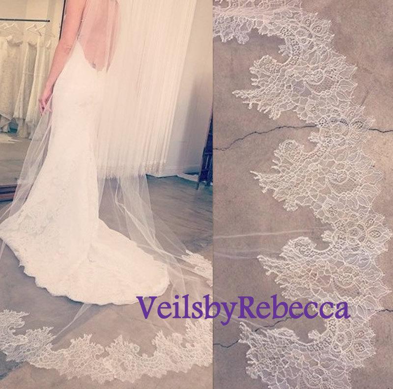 Wedding - 1 tier cathedral lace veil, ivory cathedral lace veil, french chantailly lace tulle cathedral veil,cathedral wedding veil, lace bottom veil