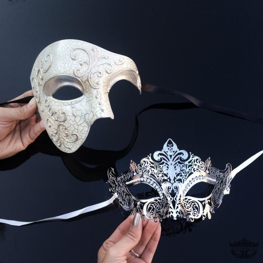 زفاف - Couples Masquerade Mask, His & Hers Luxury Phantom Masquerade Masks [Ivory/Silver Themed] - Ivory Half Mask and Silver Mask with Jewels