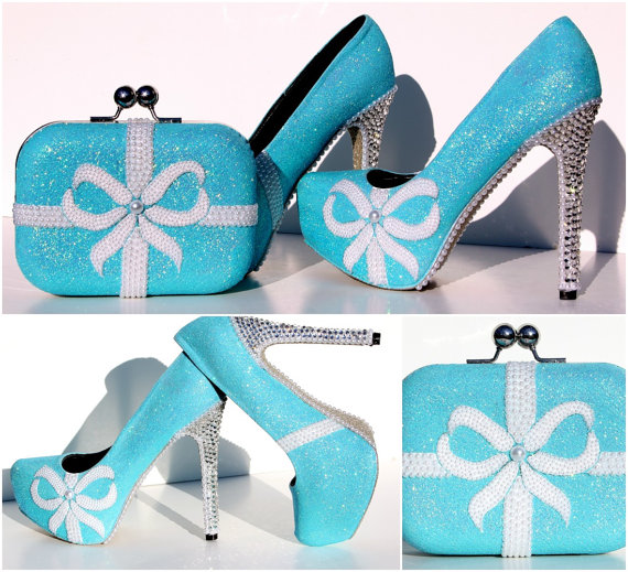 Wedding - Aqua Glitter Blue Heels with Swarovski Crystals and Pearls with matching Clutch