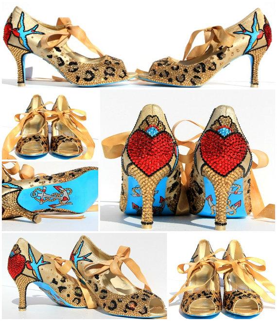 Mariage - Leopard Rockabilly and Pinup Wedding Heels with Swarovski Crystals and Pearls