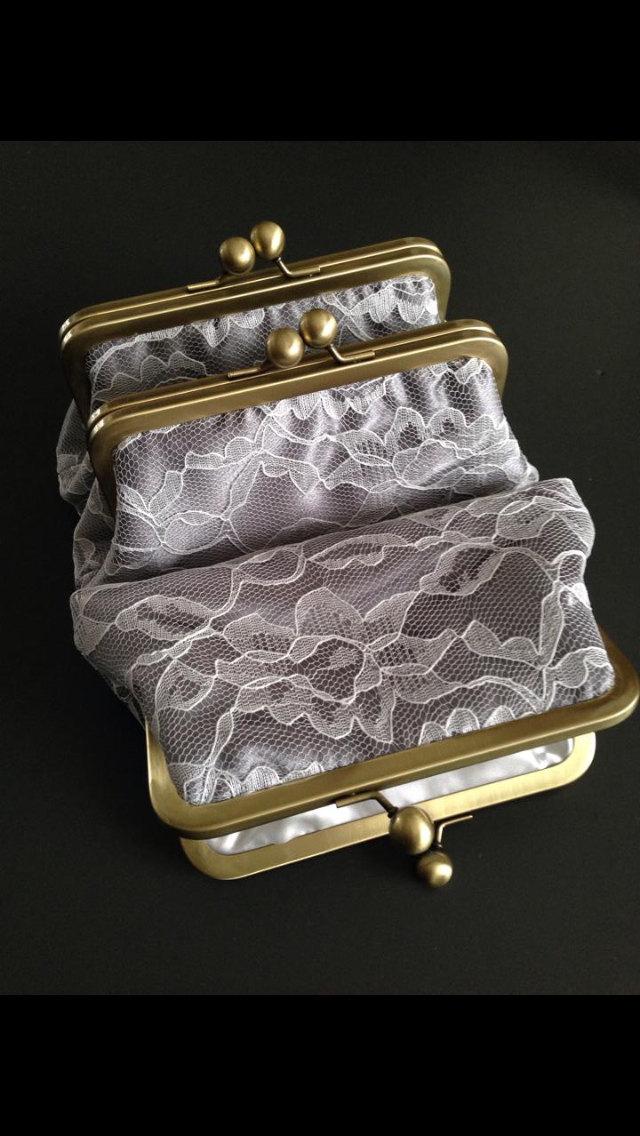 Wedding - Personalized - Ivory Lace over Silver Satin Clutch
