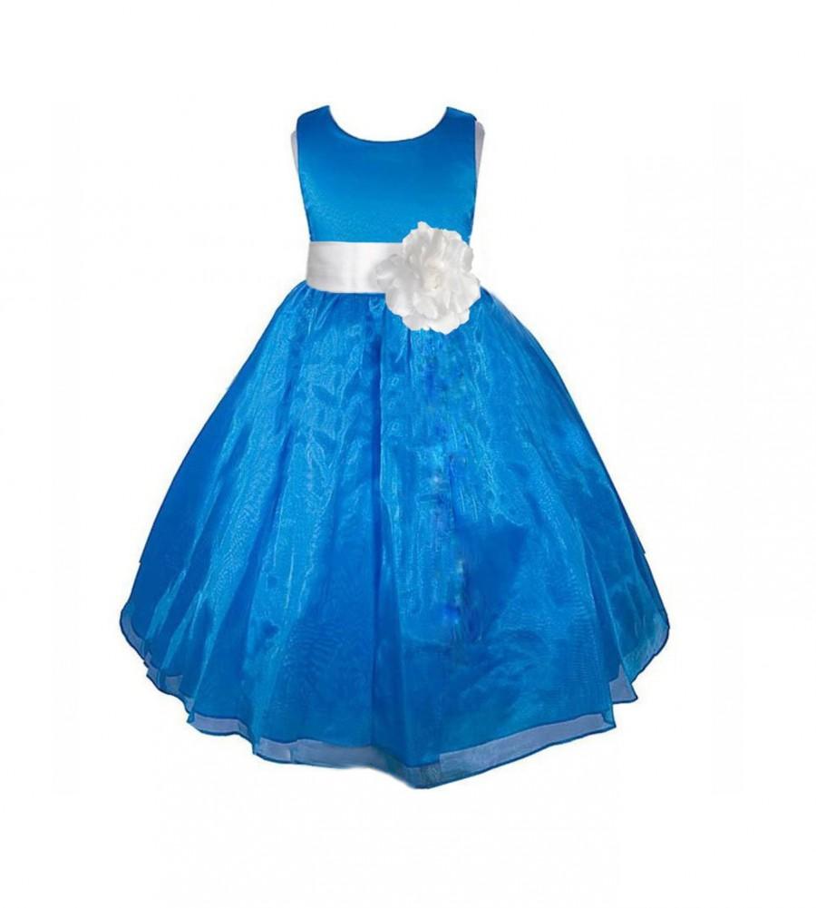 Mariage - Royal blue Flower Girl dress sash pageant organza wedding bridal recital children bridesmaid toddler elegant size 12-18m 2 4 6 8 10 12 
