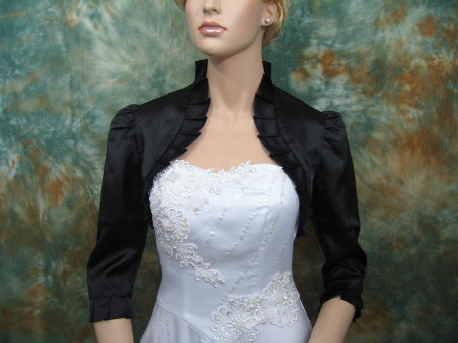 Hochzeit - Black 3/4 sleeve satin wedding bolero jacket shrug