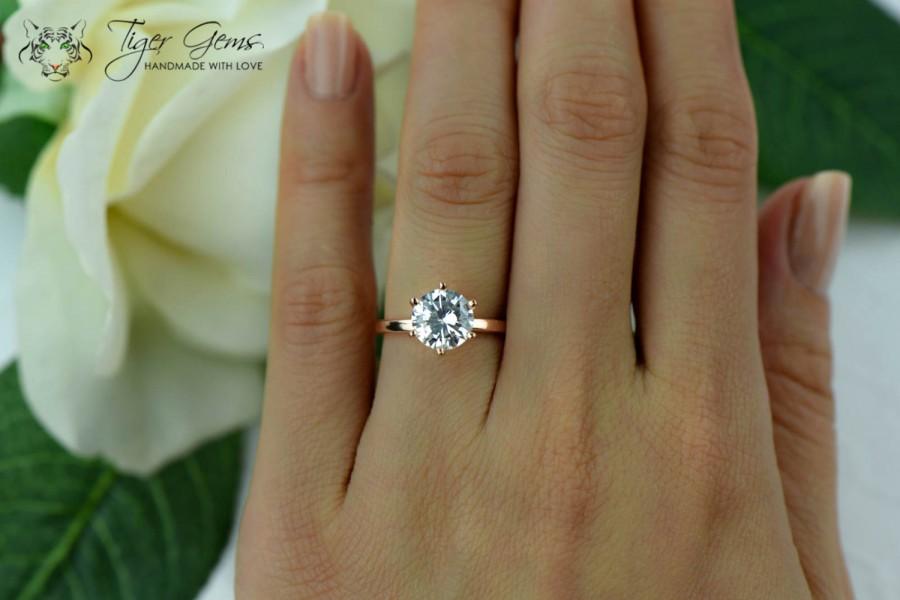 Wedding - 2 Carat 6 Prong Engagement Ring, Rose Solitaire Ring, Man Made Diamond Simulant, Wedding Ring, Bridal Ring, Promise Ring, Sterling Silver