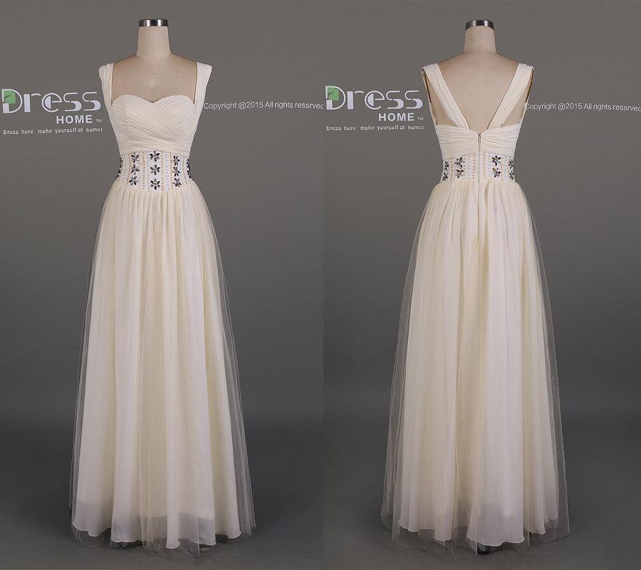 Wedding - Ivory Beading Belt Chiffon Long Prom Dress/Beading A-Line Bridesmaid Dress/Ivory Party Dress/V Back Prom Dress/Long Prom Dresses  DH175