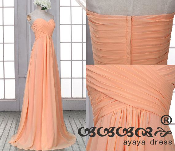 Свадьба - Long Peach Bridesmaid Dress,zipper back Bridesmaid dress,Chiffon Bridesmaid Dress,Custom Color Elegant Formal Strapless Sweetheart  neckline