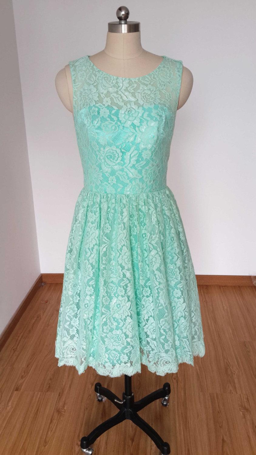 Hochzeit - 2015 Scoop Mint Lace Short Bridesmaid Dress with Back Buttons