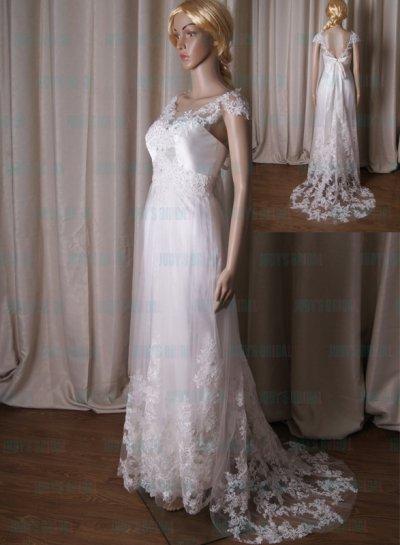زفاف - LJ214 Romantic illusion lace v back cap sleeves sheath wedding dress