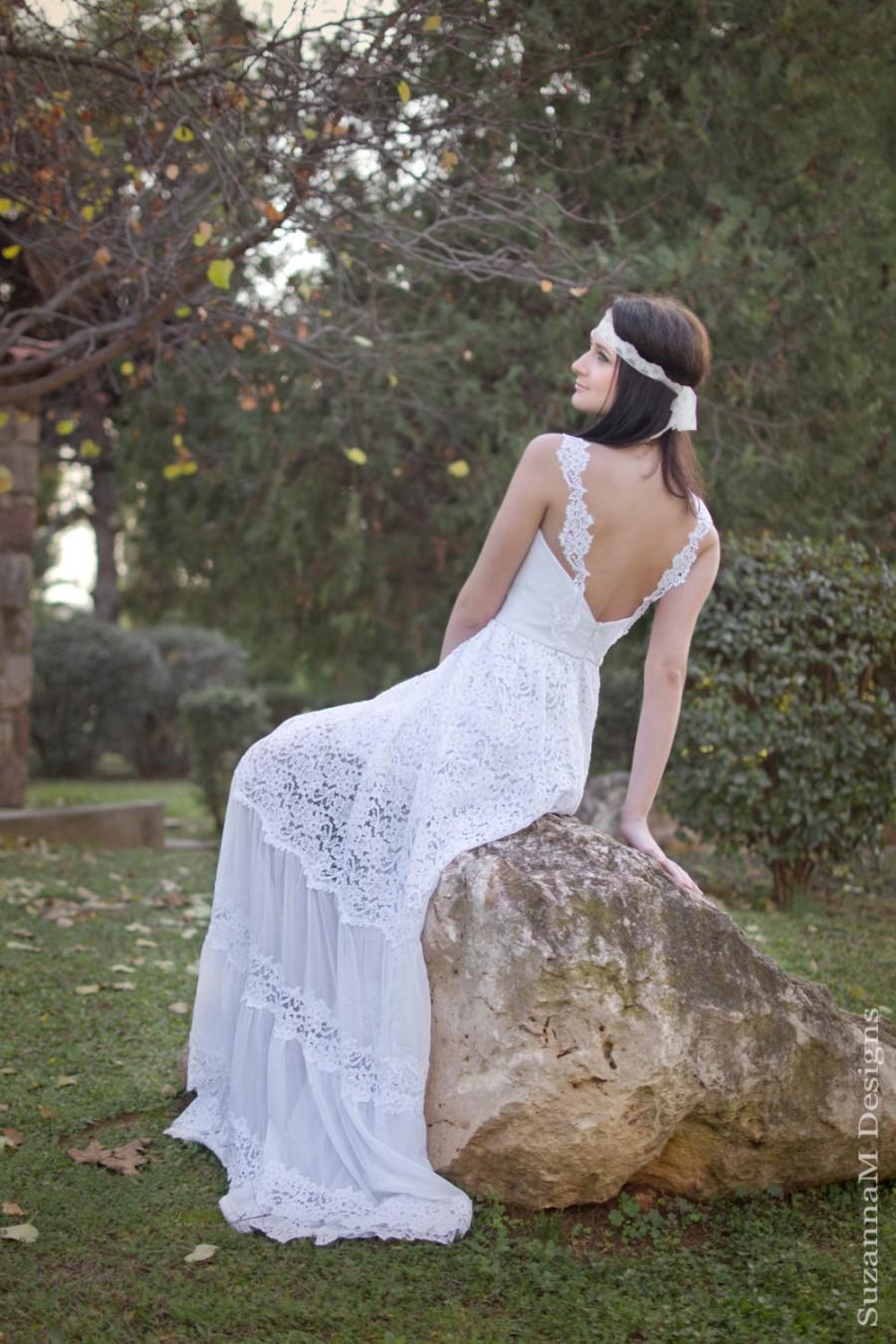 Свадьба - White Lace Bohemian Wedding Dress Boho Bridal Long Wedding Gown - Handmade by SuzannaM Designs