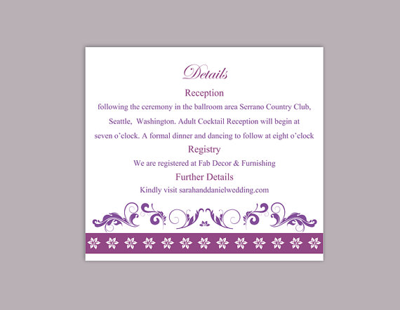 Hochzeit - DIY Wedding Details Card Template Editable Text Word File Download Printable Details Card Eggplant Details Card Elegant Information Cards