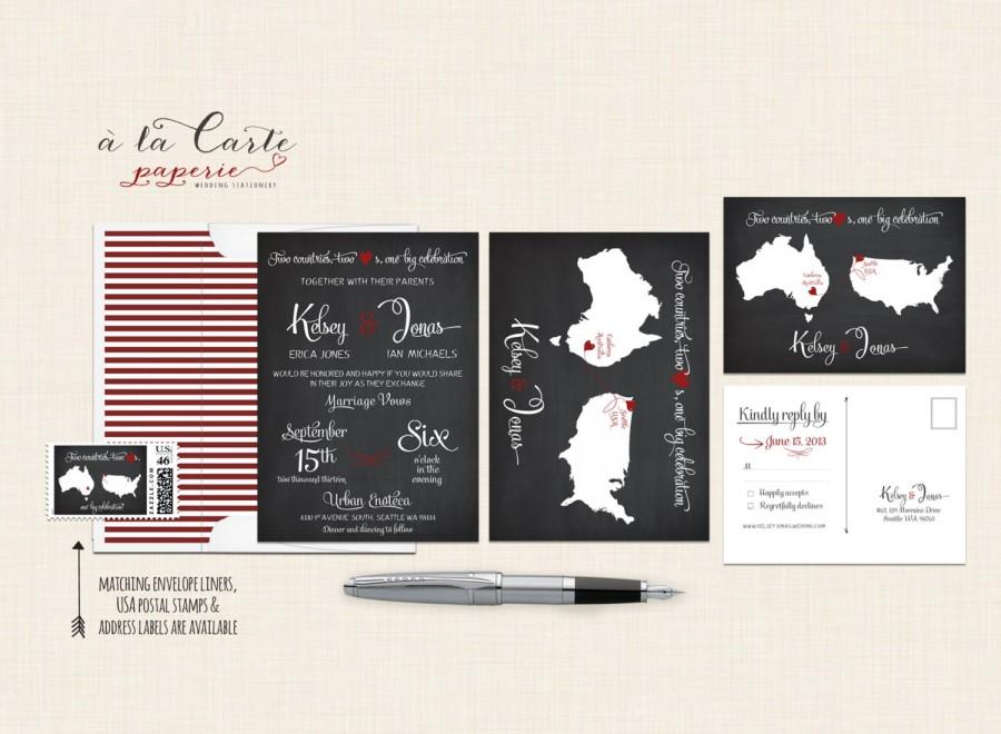 Hochzeit - Chalkboard-inspired Two Countries, Two Hearts, One big celebration Wedding Stationary Invitation and RSVP postcard